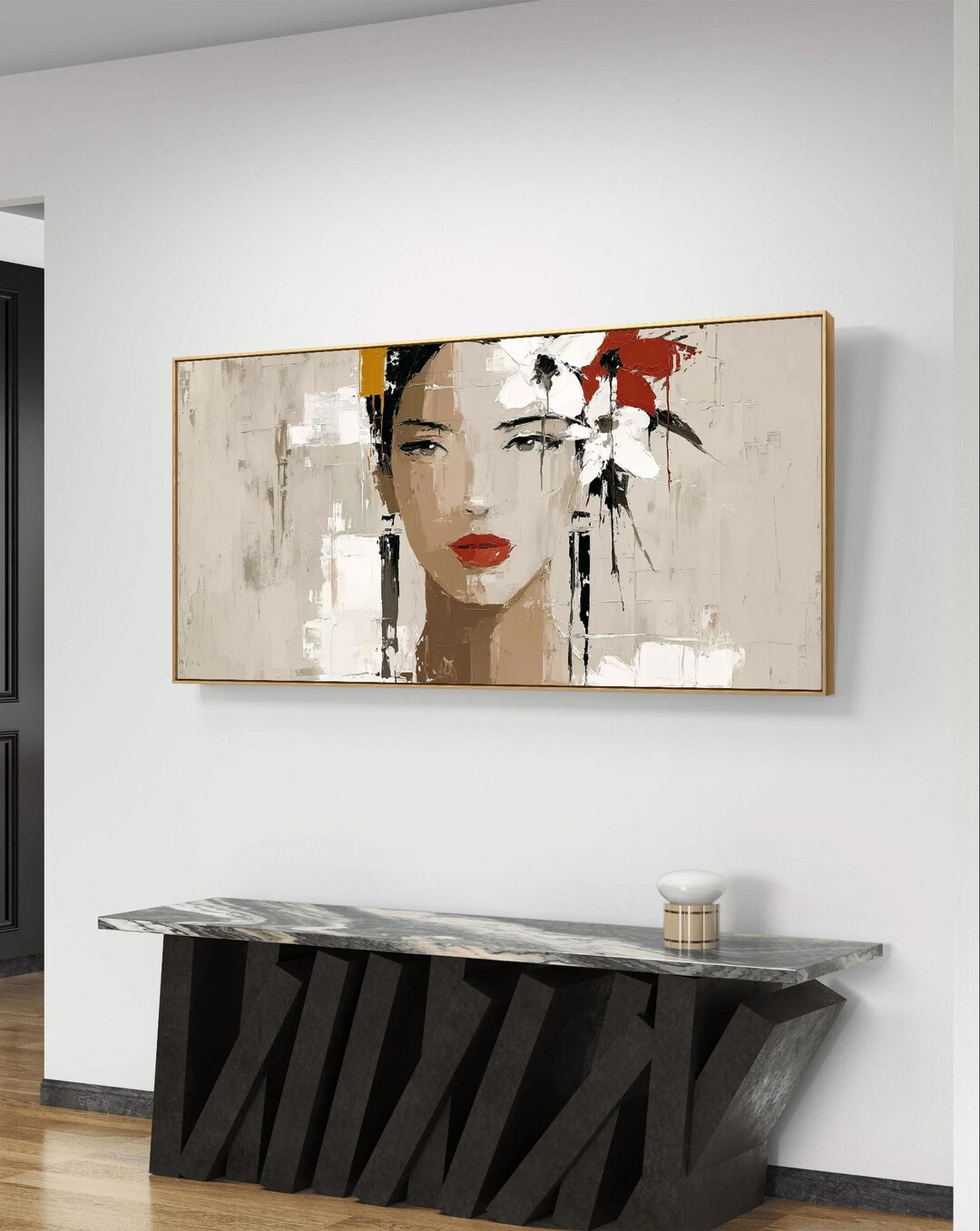 Abstract Woman Portrait With Red and White Flower - Digital Wall Art - Etsy