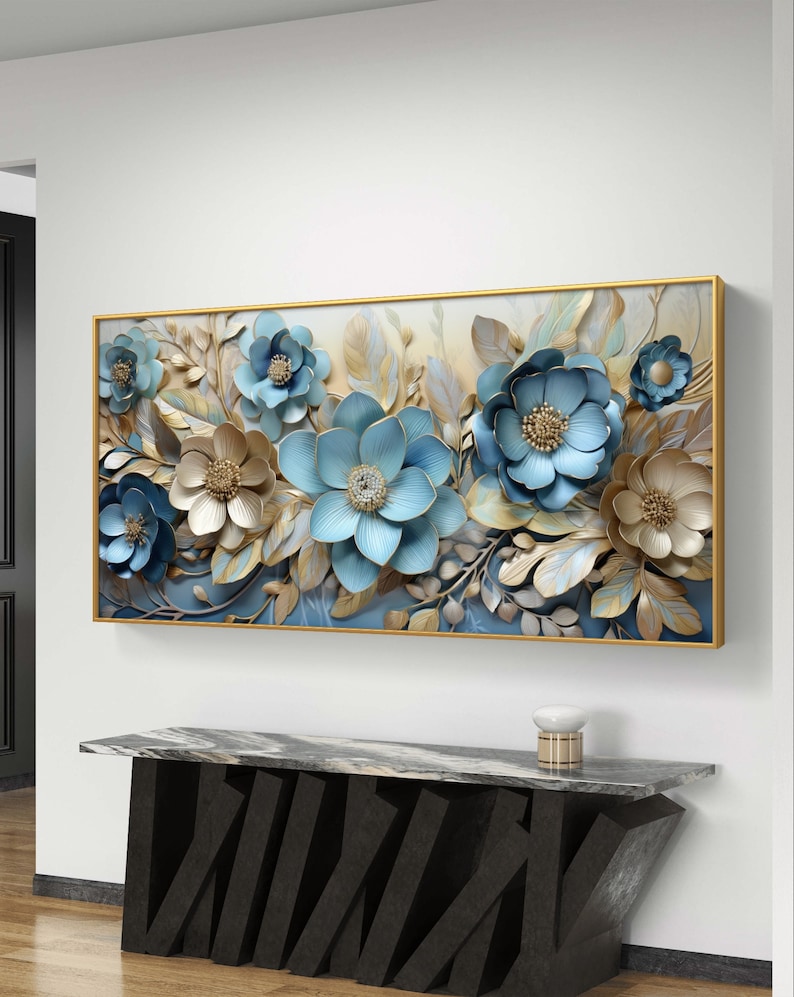 Elegant Blue and Gold Floral 3D Wall Art - Printable Home Decor - Etsy