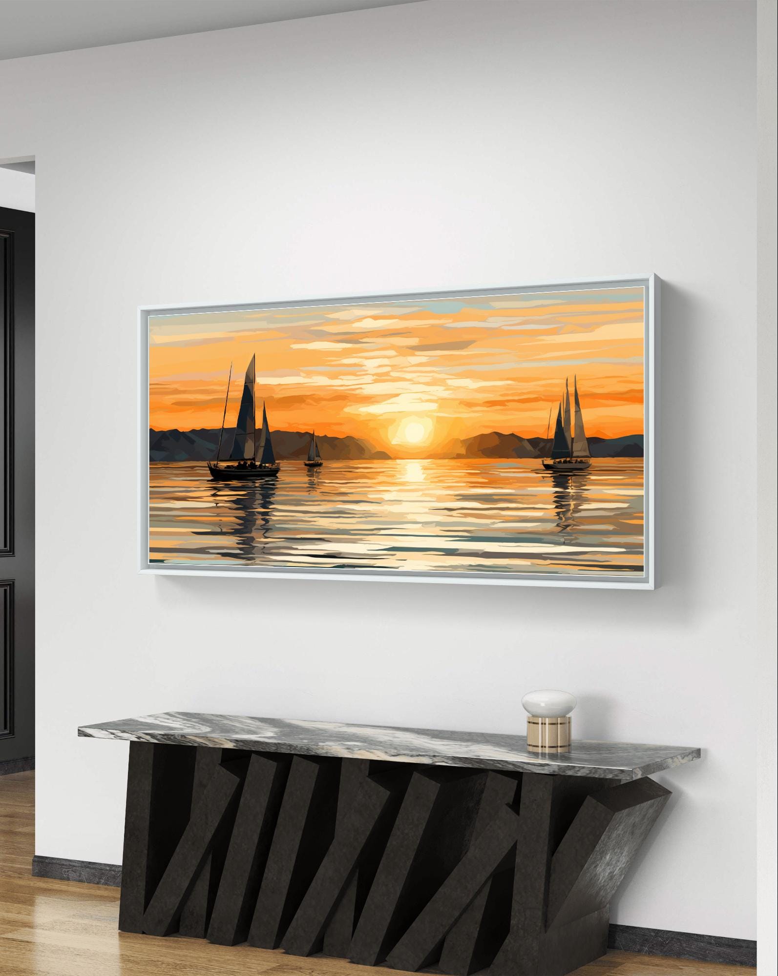 黄金の夕焼けの帆 - ミニマルな海岸の海景 - Etsy 日本