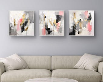 Golden blush abstract triptych set of 3 digital download