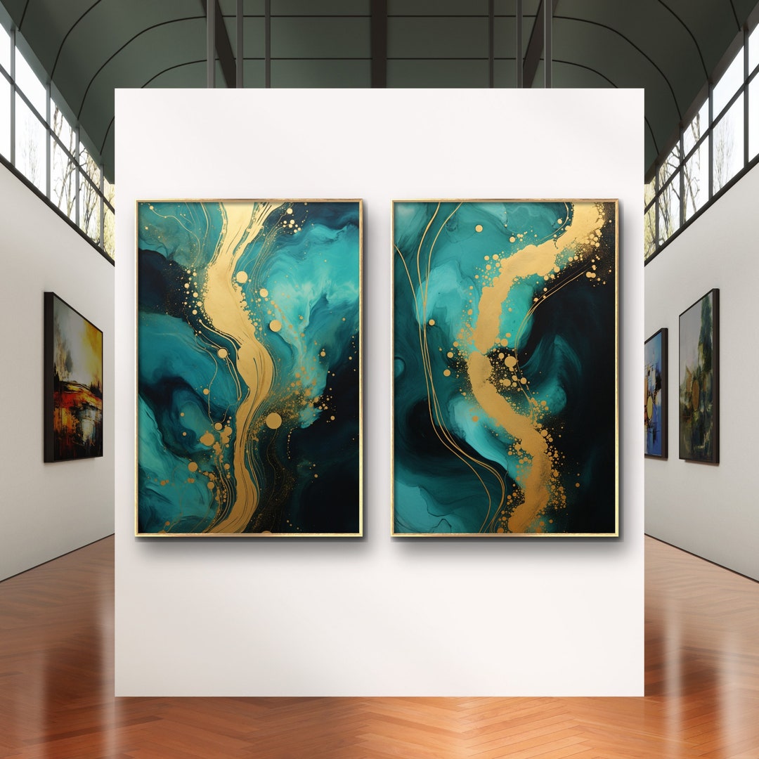 Teal and Gold Abstract Art Print Set: Modern Nordic Decor (digital ...