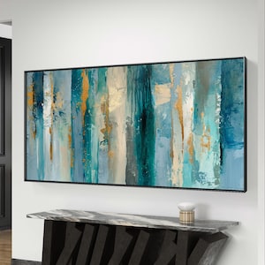Aqua Gold Abstract Canvas Art: Contemporary Indigo Blue Painting (Digital Download)