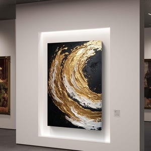 Abstract gold and white textured swirl on black background digital artwork