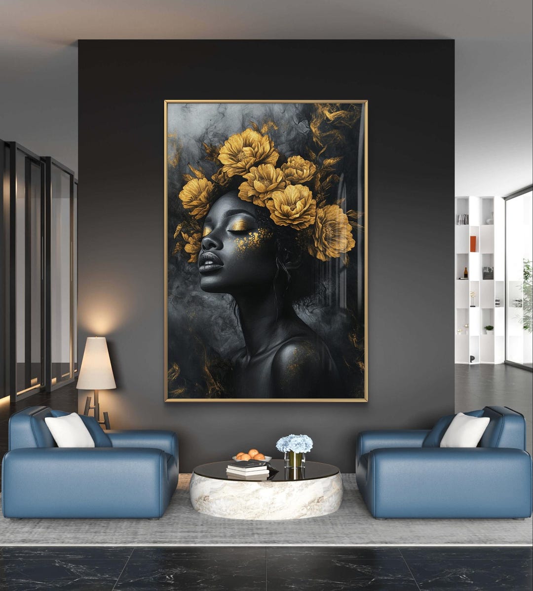 Elegant Black and Gold Woman Portrait – Digital Art Print With Floral ...