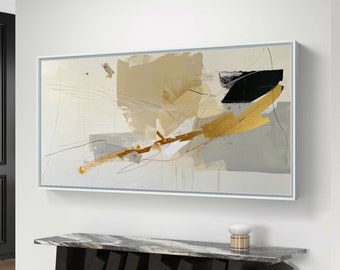 Arte abstracto moderno sobre lienzo, arte mural minimalista en oro y negro, descarga digital.
