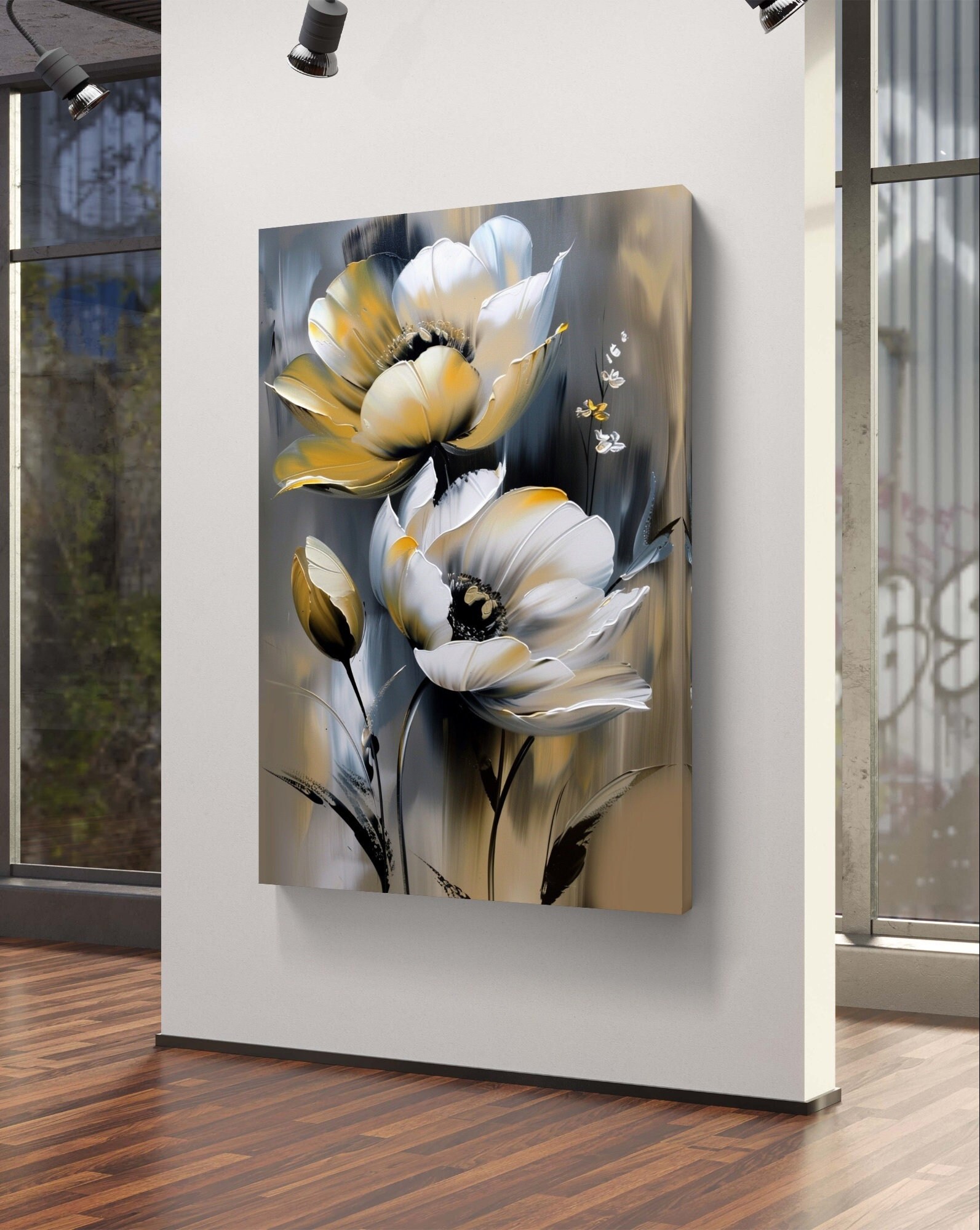 Elegant Floral Digital Art Print - White and Gold Flowers - Modern ...