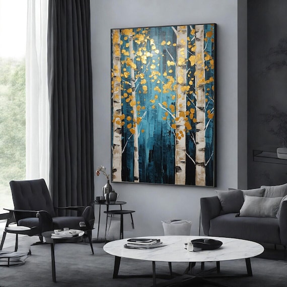 Dipinto di un albero in lamina d'oro: grande opera d'arte murale in foglia d'oro testurizzata - Italia