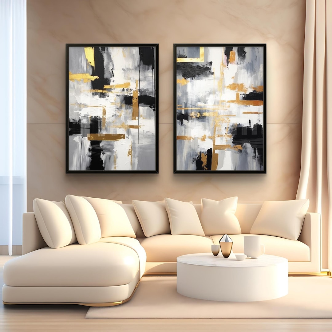 Black Gold Abstract Pair - Modern Wall Art Set - Etsy