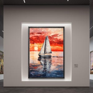 Sailboat in Fiery Sunset Digital Art Download, Landscape Art Printable|Digital Download|