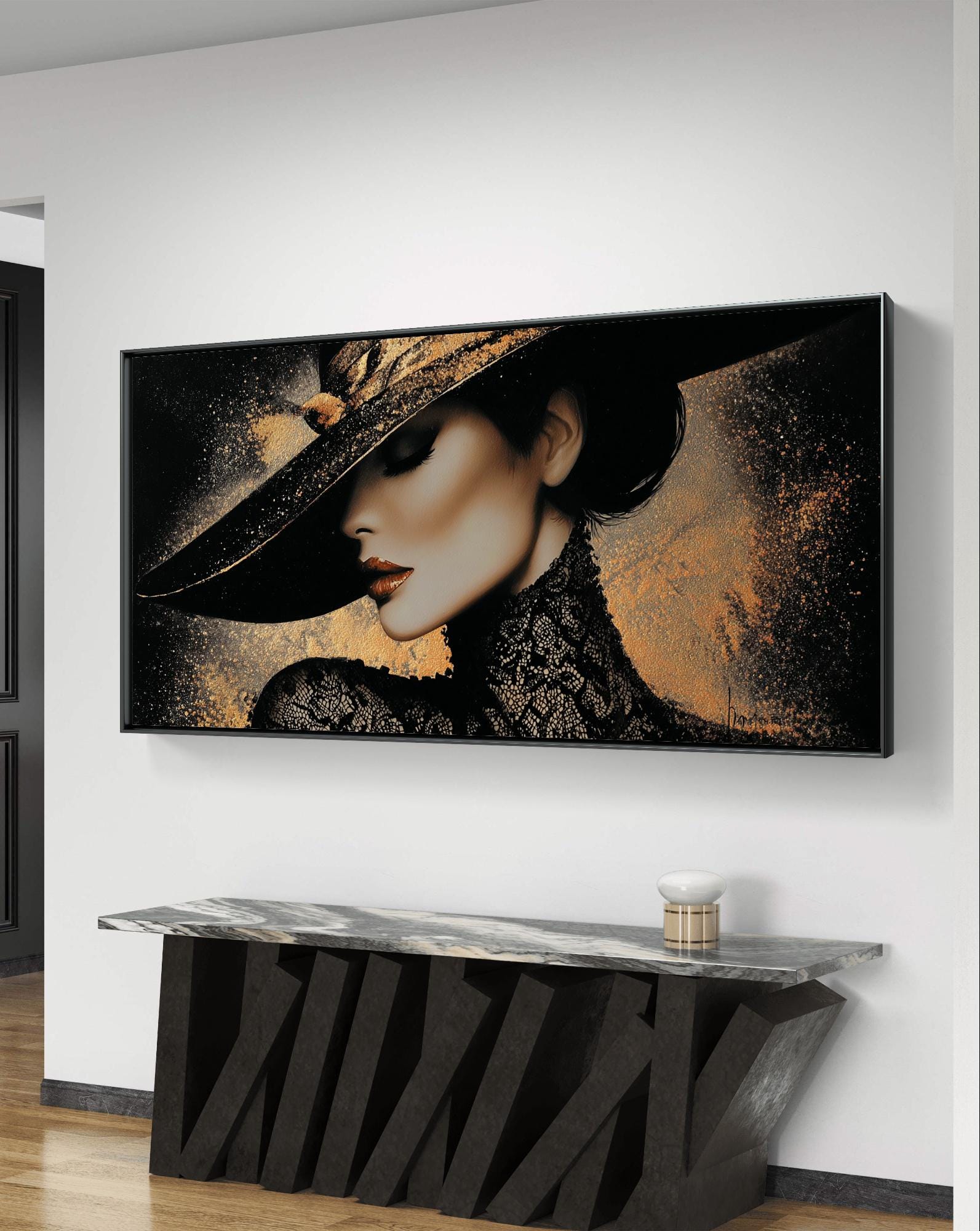 Elegant Woman in Golden Hat – Fashion Digital Portrait Wall Art - Etsy
