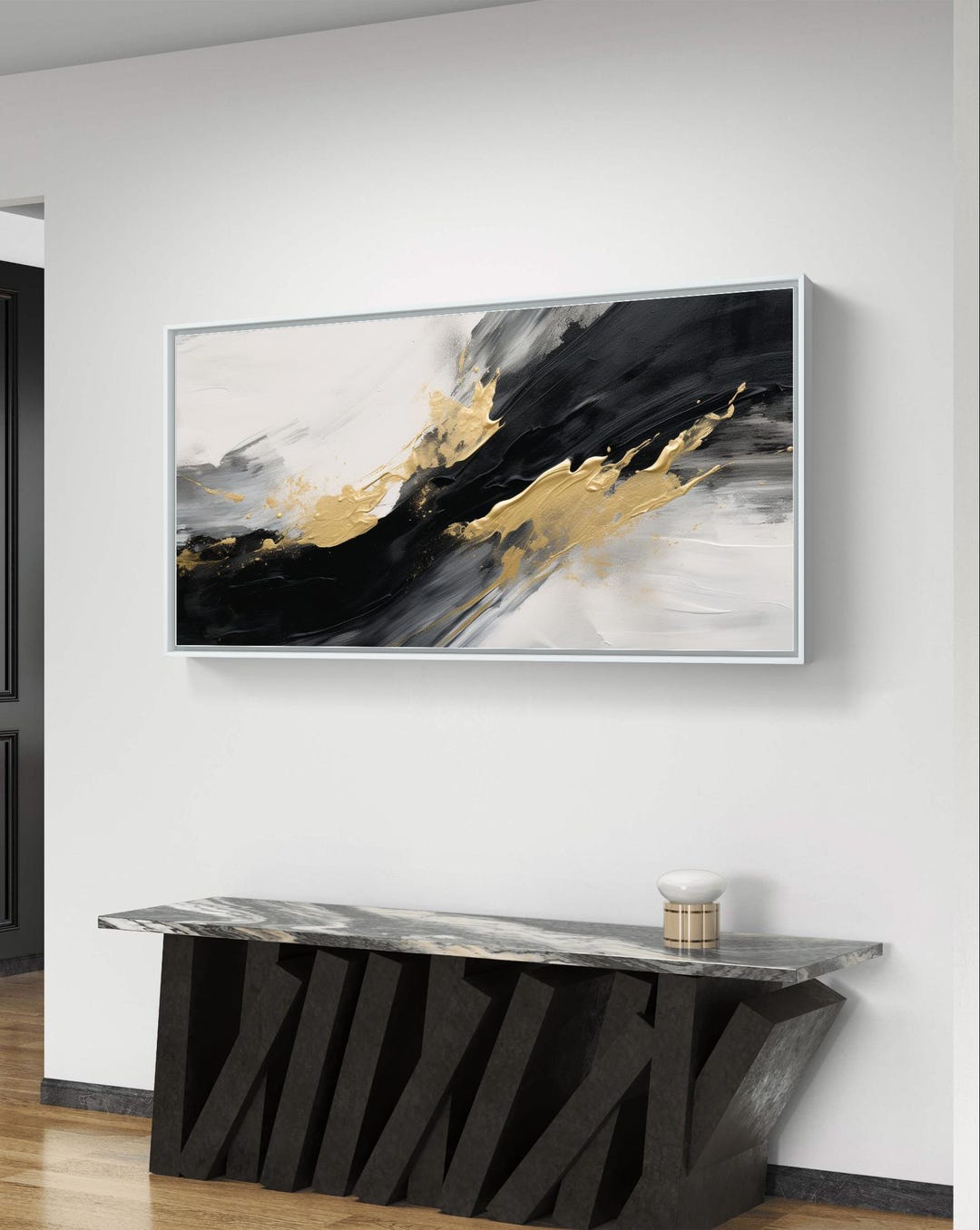 Black and Gold Abstract Wall Art - Modern Brushstroke Canvas - Etsy