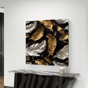 Gold foil palm feather living room sofa wall Modern light luxury painting Printable wall art Digital Download, Home Decor