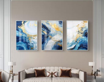 Conjunto de 3 trípticos de arte mural fluidos en azul y oro.