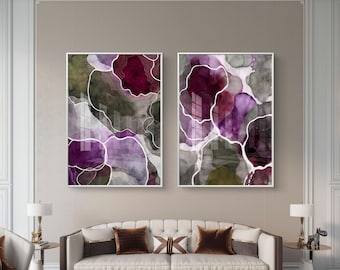 Purple ink abstract set of 2 – modern watercolor wall art