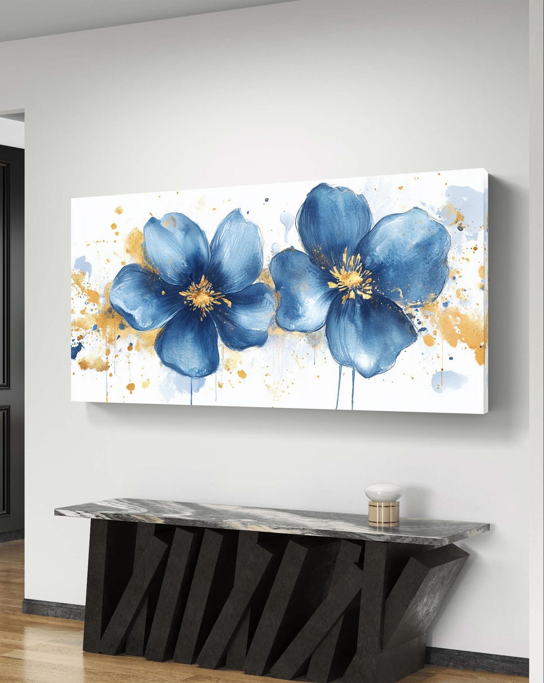 Blue and Gold Floral Watercolor Art - Modern Digital Wall Decor ...