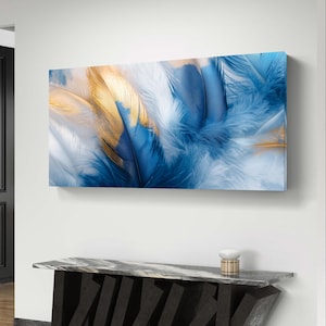 Blue and Gold Feathers Close-Up Decorative Artwork – Modern Digital Download for Home Decor