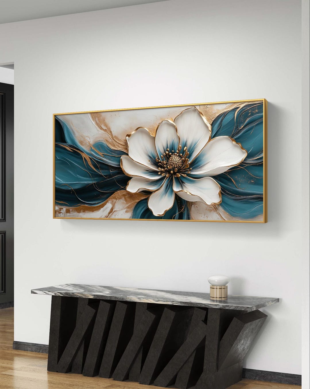 Gold and Teal Flower Art: Modern 3D Floral Wall Decor (digital Download ...
