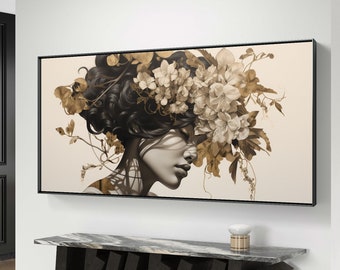 Boho Woman Art Print: Neutral Floral Portrait (Digital Download)