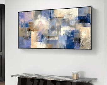 Arte mural abstracto geométrico en azul neutro y beige (impresión digital)