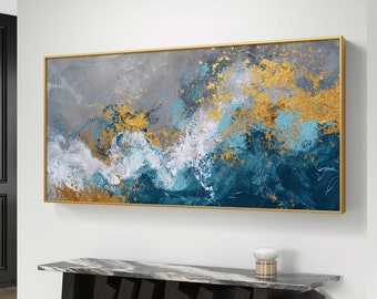 Blue and Gold Abstract Art Print: Large Indigo Wall Decor (Digital Download)