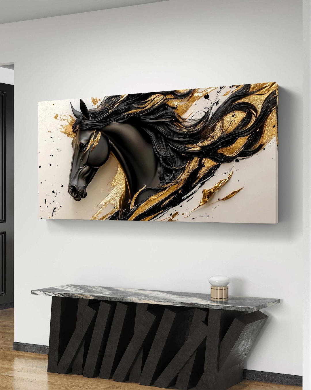 Majestic Black Horse Digital Art | Gold Abstract Wall Decor | Printable ...