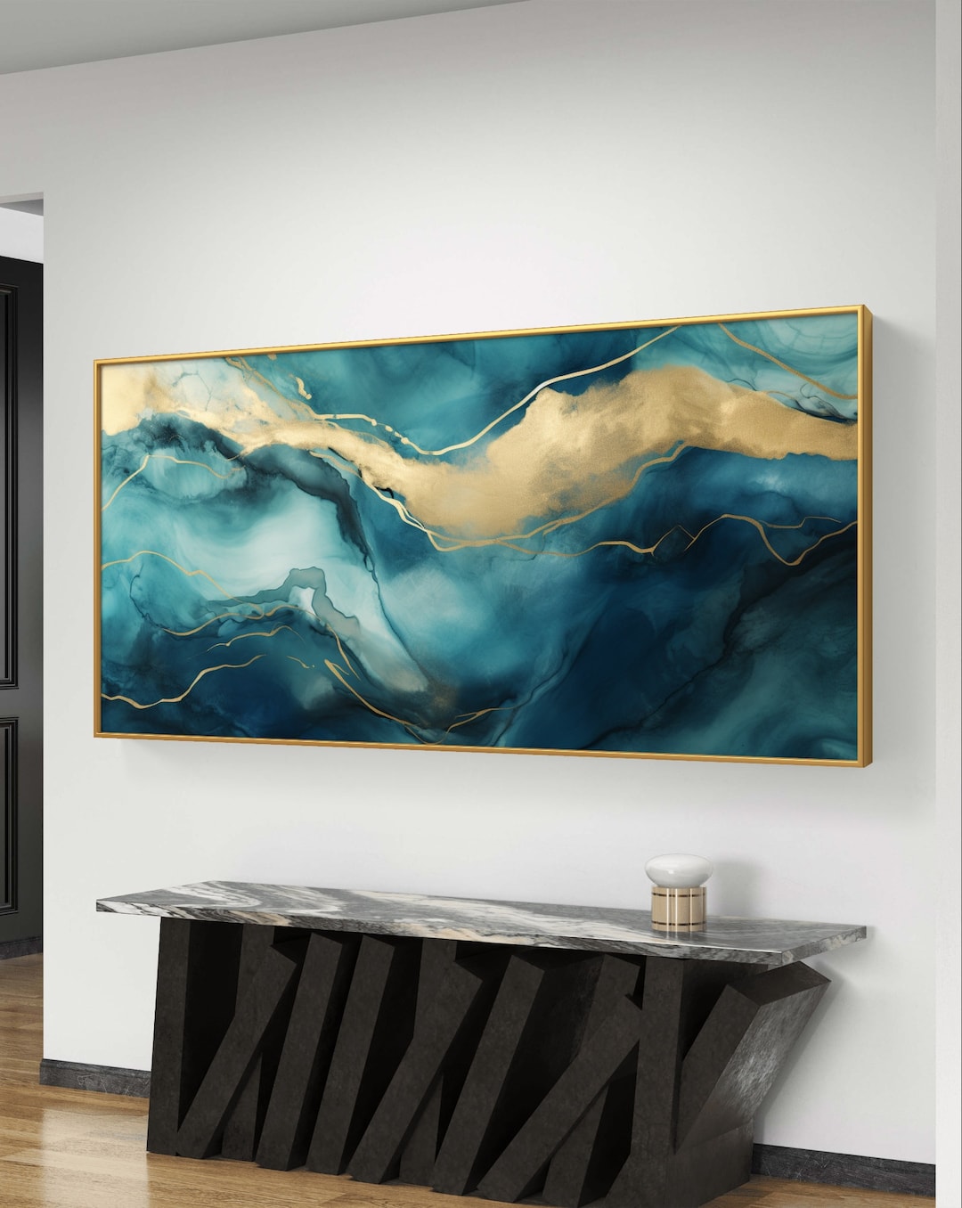 Blue and Gold Abstract Wall Art: Large Indigo Painting (digital ...