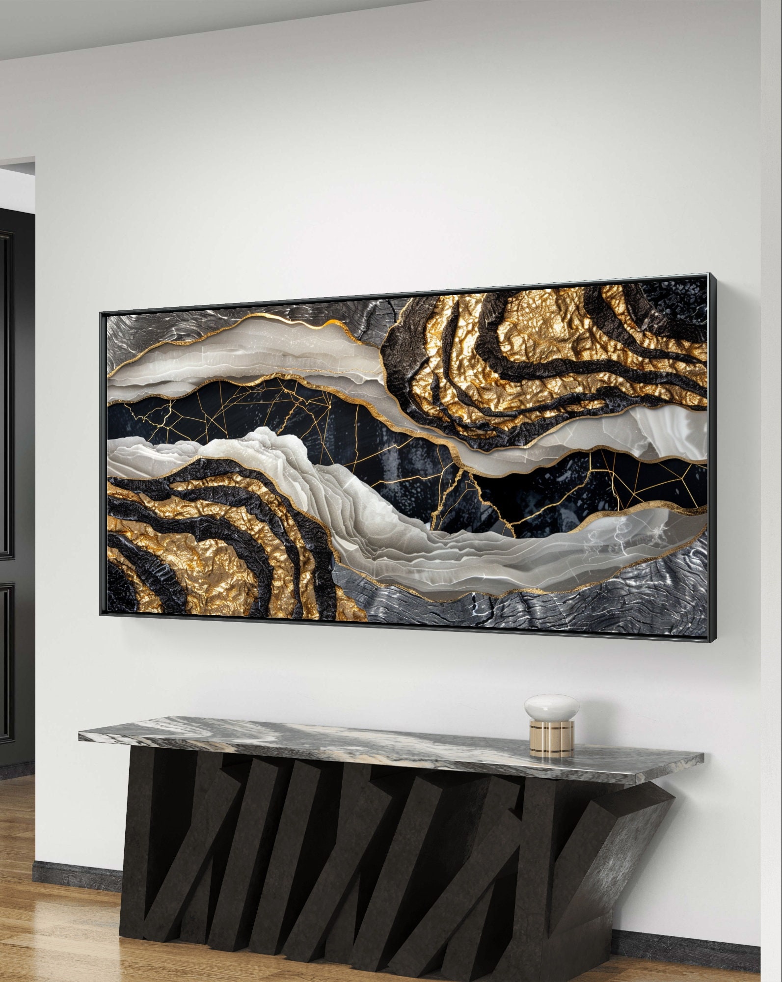 Grandeza cristalina: obra de arte abstracta en mármol y oro, descarga digital