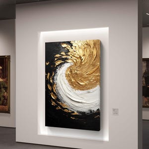 Abstract gold and white textured swirl on black background digital artwork