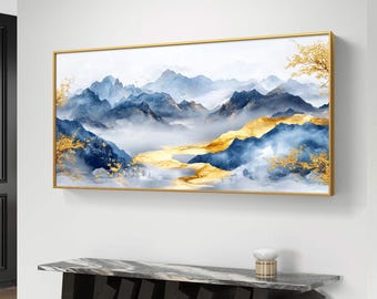 Gold and Blue Mountain Landscape - Digital Wall Art Download
