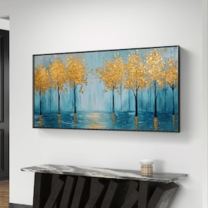 Golden Trees in Blue Forest - Abstract Nature Digital Art
