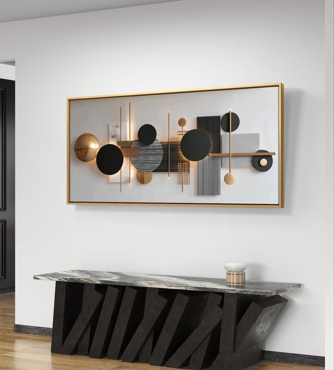 Modern Geometric Wall Art in Black and Gold - Panoramic Abstract ...