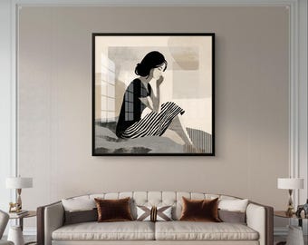 Minimal woman illustration neutral beige modern wall art download