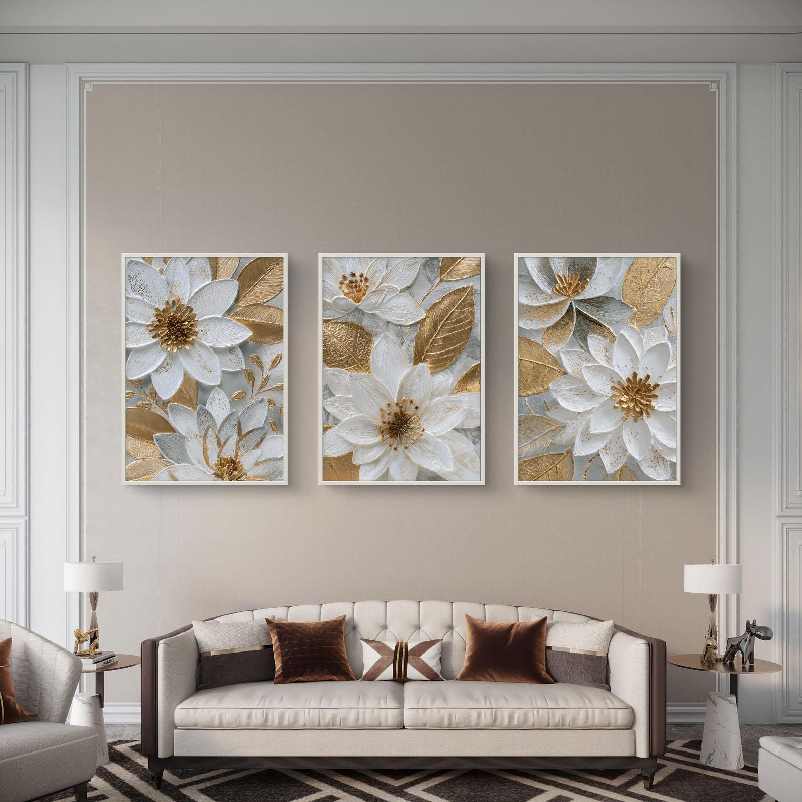 Golden Lotus Floral Triptych Wall Art Set of 3 - Digital Prints - Etsy