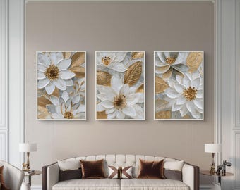 Golden lotus floral triptych wall art set of 3 - digital prints