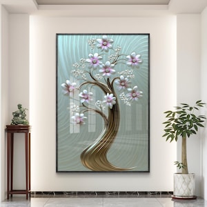 Elegant Blossoming Tree Digital Art | Modern Gold and Silver Tree Art | Instant Download Wall Decor