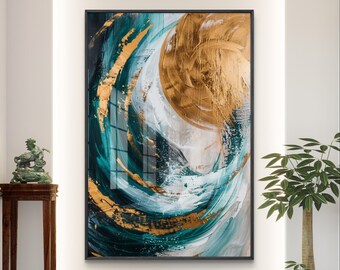 ゴールドとティールの抽象画アートプリント：モダンな渦巻き模様の絵画