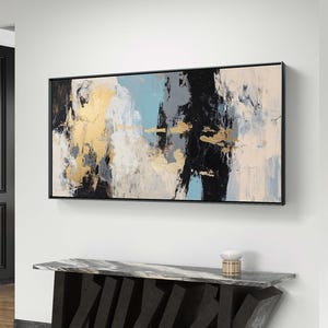 抽象的なゴールドとブルーのキャンバス | モダンなテクスチャアート | 大胆な現代的な印刷物