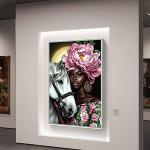 Mulher africana elegante com adorno de cabeça floral e cavalo branco, impressão de arte digital