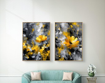 Yellow floral abstract wall art set