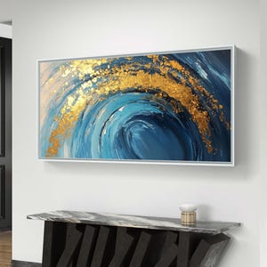 ブルー＆ゴールドの抽象的な波アート | 海岸沿いの装飾に最適なモダンなデジタルダウンロード