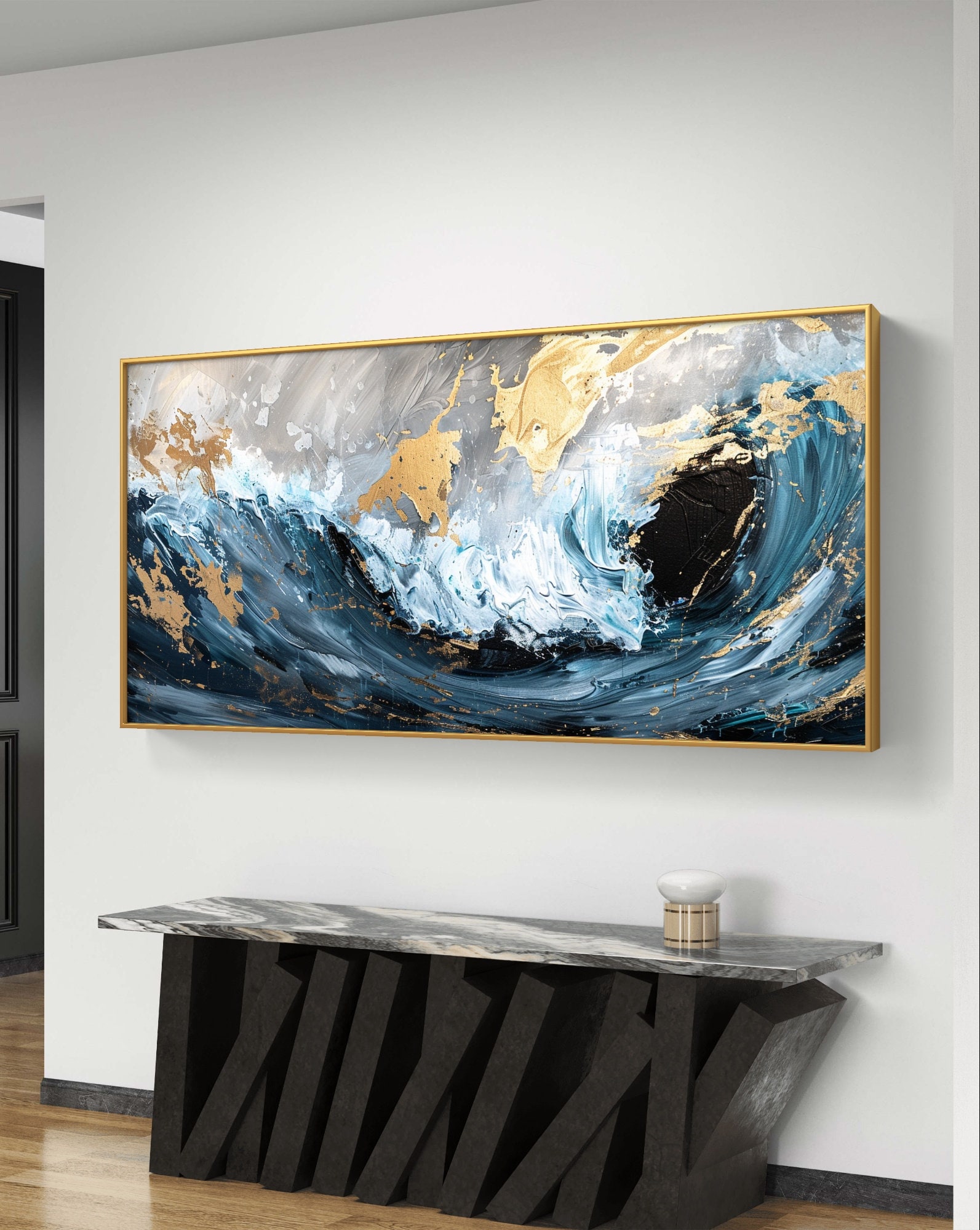 青と金の海の波アート：抽象的な藍の絵画（デジタルダウンロード