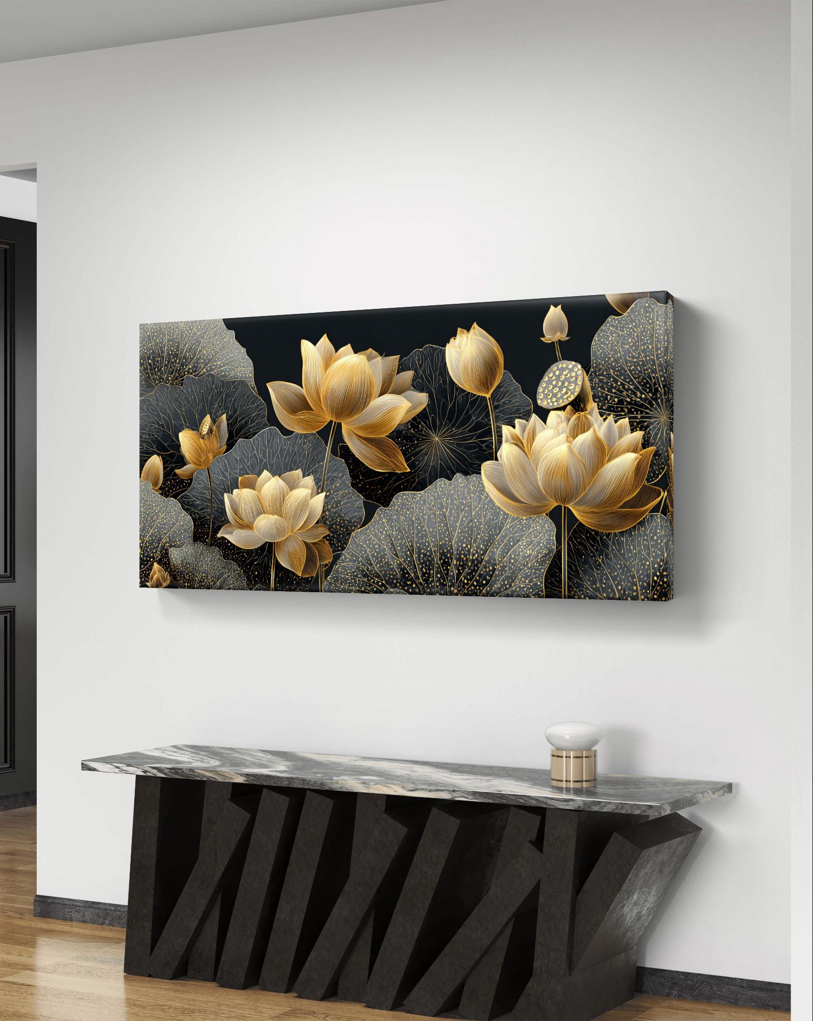 Golden Lotus Flowers on Black - Luxury Digital Wall Art - Etsy