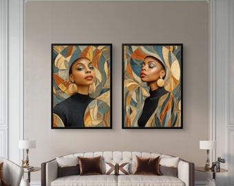 Geometric portrait with gold and blue - digital wall art