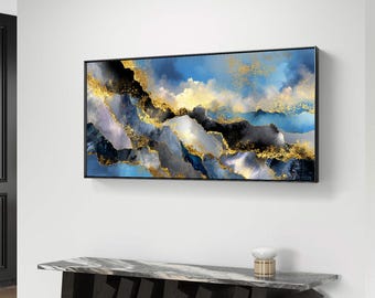 黄金色の青の抽象風景画 – デジタルダウンロード - Etsy 日本