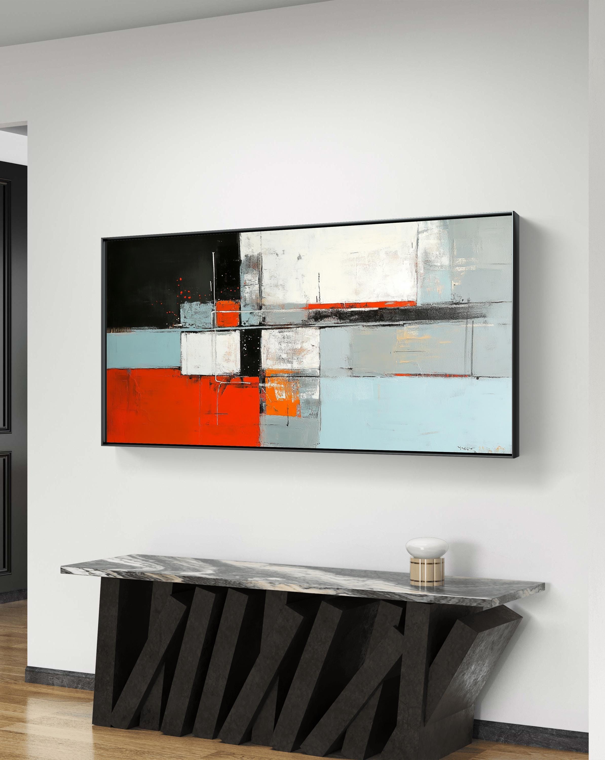 モダン幾何学抽象アートプリント：大胆な赤、黒、白（デジタル