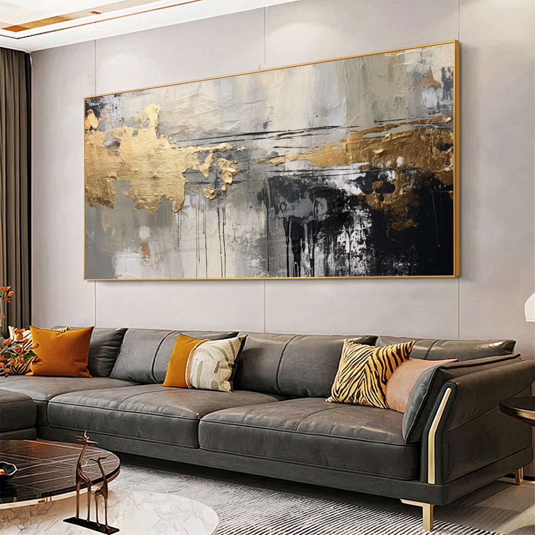 Gold Abstract Oil Painting Print: Black and White Line Art (digital ...