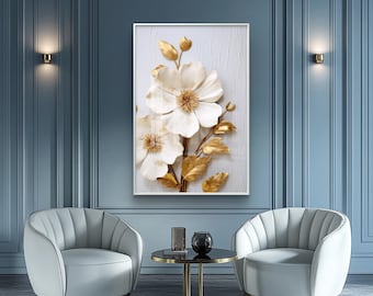 White and gold floral wall art - digital download