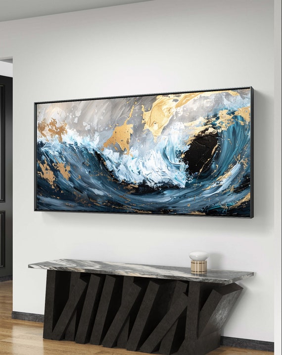 青と金の海の波アート：抽象的な藍の絵画（デジタルダウンロード