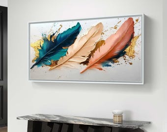Elegant Teal and Blush Feather Art | High-Resolution Digital Download with Gold Accents