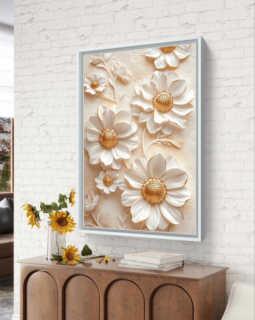 Elegant White and Gold 3D Flower Wall Art - Digital Download - Etsy